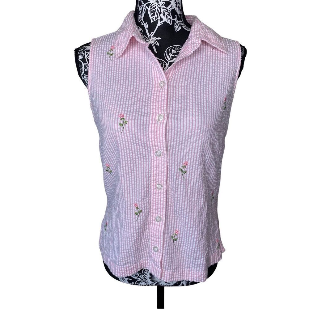 Vintage NorthCrest Rose Flower Striped Collared Tank Top Button Up Size Small
